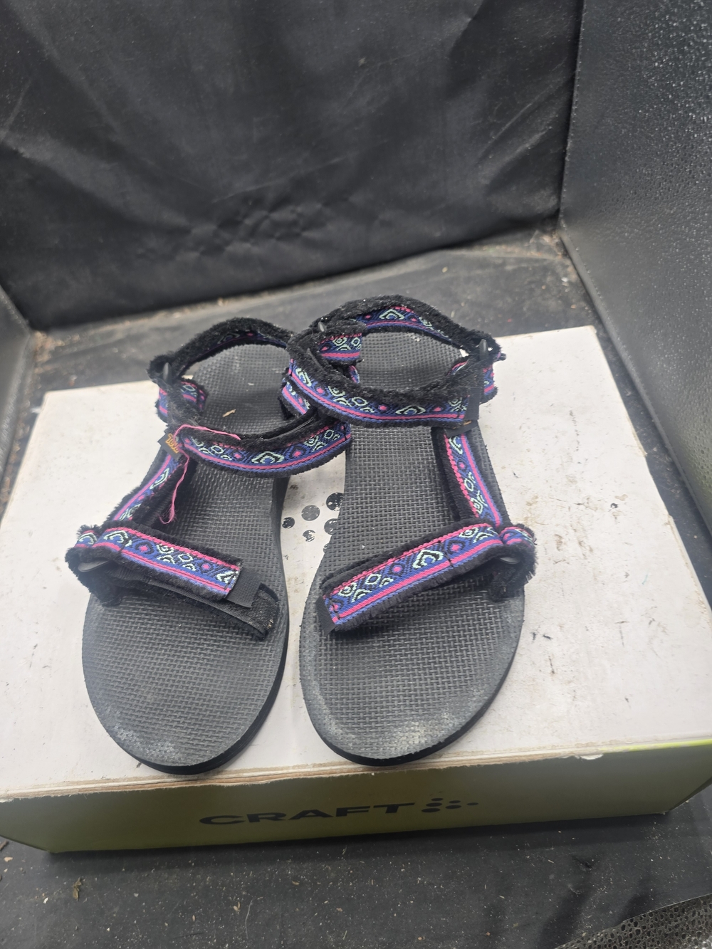 Teva Black Sandals with Pink & Blue Patterned Straps